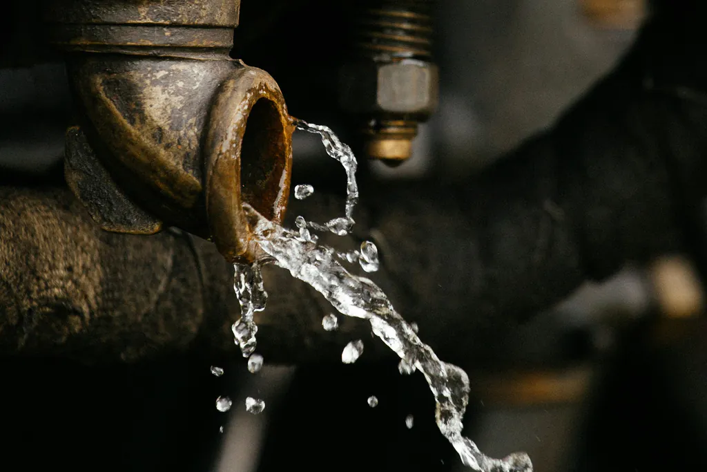 Water gushes out of an old brass valve and pipe fitting, the kind of leak that turns into an emergency call