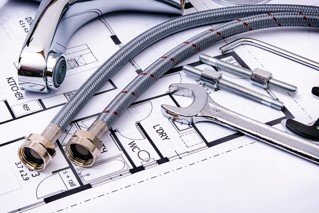 A faucet, braided supply lines and a wrench lying on a kitchen floor plan, a priced plumbing job waiting on a yes