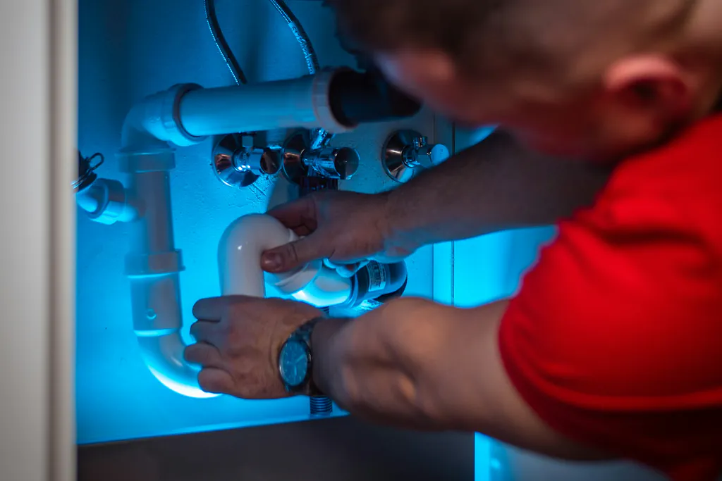 A plumber reaching into a sink cabinet with both hands busy on the drain pipes